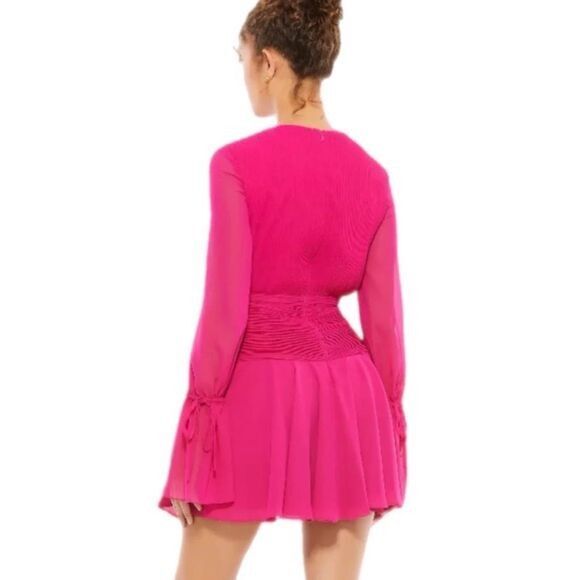 Mac Duggal Ieena 26411 Pink Pleated Mini Dress Size 0 Bell Sleeves Chiffon NWT - Picture 2 of 6